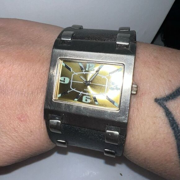 Vintage Mod Biker Leather Studded Rectangular Watch (needs battery) - Picture 1 of 8